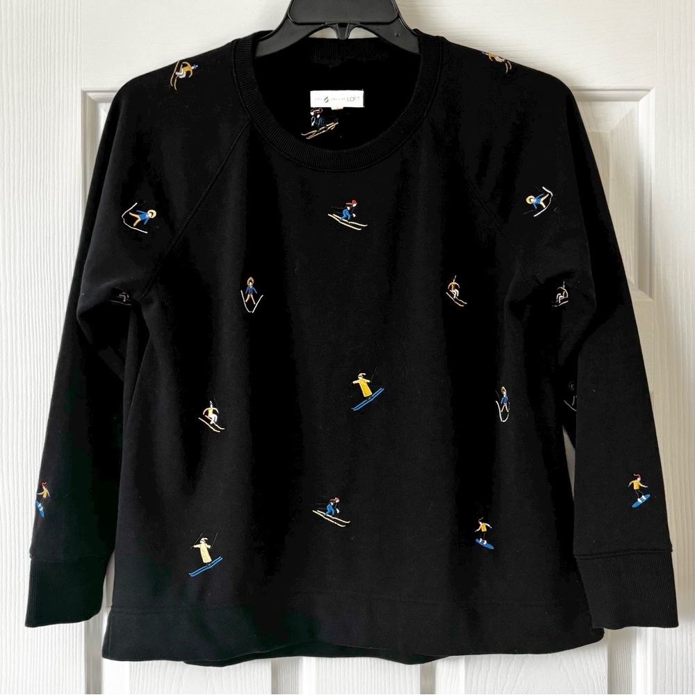 Lou & Grey for LOFT Cozy Embroidered Skiers Cotton Blend Black Pullover Sweater